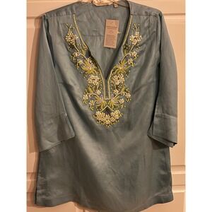 Soft Surroundings Blue Beaded Embroidered Tunic Top Size M